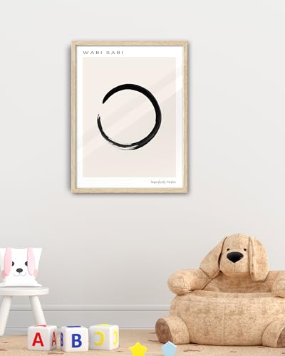 EcoHest Framed Wall Art Zen Buddhism Wabi Sabi Abstract Enso Symbol, 16x20 in OAK Wood Minimalist Japandi Ink Stroke Canvas Wall Art, Mindfulness Meditation Bedroom Set of 1 For Living Room