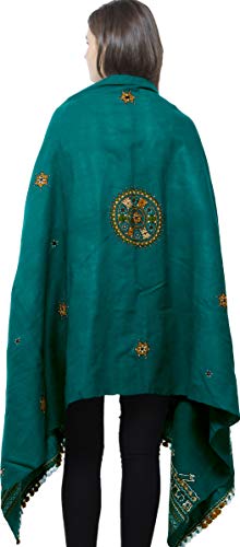 Exotic India Women's Pure Wool Shawl from Kutch with Central Embroidered Chakra and Mirrors Ethnic Design Stole, Scarves - color: Alpine Green
