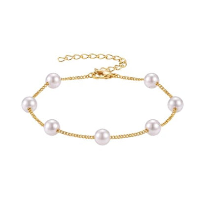3mm Diamond Classic Tennis Bracelet for Women Dainty, Gold Jesus Cross Bracelets Trendy, 14K Gold Plated Heart/Evil Eye/Pearl/Starfish & Seashell Charm Bracelets for Women Bulk - style: Pearl-Gold plated