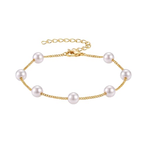 3mm Diamond Classic Tennis Bracelet for Women Dainty, Gold Jesus Cross Bracelets Trendy, 14K Gold Plated Heart/Evil Eye/Pearl/Starfish & Seashell Charm Bracelets for Women Bulk - style: Pearl-Gold plated
