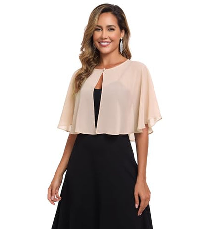 TONGFANTFL Women's Soft Chiffon Capelets Shawls and Wraps for Evening Wedding Cape Bole Cover Up - color: Champagne
