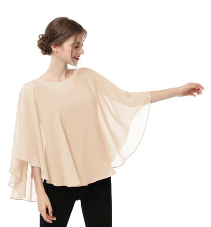 Capes for Womens Casual chiffon shawl Casual Chiffon Cape Sheer shawls and wraps Poncho Capelets Cover Up - color: Champagne