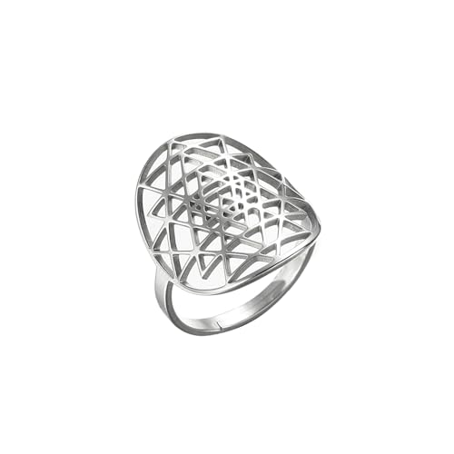 Adjustable Sri Yantra Chakra Ring Sri Yantra Amulet Talisman Pendant Sacred Geometry Ring Hinduism Symbol Sacred Hindu Ring Meditation Jewelry for Women Men - color: silver