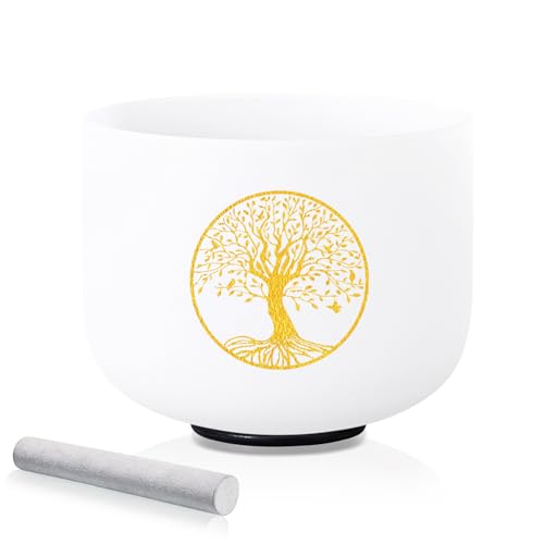 432HZ 8 Inch F Note Heart Chakra Crystal Singing Bowl Sound Healing, Frosted Quartz Crystal Tree of Life Sound Bowl, Sude and O-ring For Sound Healing Meditation - color: white Tree of Life, size: 8"F