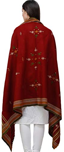Exotic India Shawl from Kutch with Embroidered Bootis and Mirrors - Wool - color: Tibetan Red