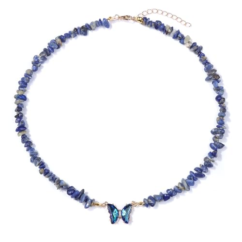 Bohemian Crystal Butterfly Necklaces Stress Relief Anxiety Yoga Pendant,Healing Natural Stone Mantra Choker for Women Teen Girls Friendship Birthday Mothers Day Gift Summer Beach Jewelry - color: Lapis Lazuli
