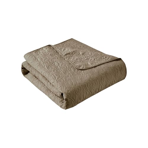 Madison Park Throw Blanket - Reversible Damask Quilting Design, Soft Pre-washed Microfiber, Cotton Filled Spread, Cozy Summer Blanket - Throw for Living Room Couch, Sofa, Bed, Quebec, 60x70", Khaki - color: Khaki, size: 60"x70"