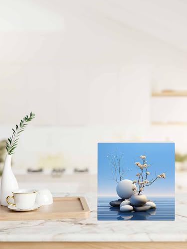 Wood Box Sign Desk Decor, Lake Stone Overlay with Vases Zen Buddhism Decorative Wooden Block Box Sign Decorations for Home Office Shelf Table Decor 6x6 Inches