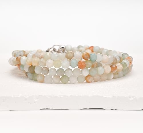Crystal Bracelet for Women, Natural 4mm Faceted Beads Adjustable Bracelet, Small Beaded Healing Gemstone Bracelet - color: Multicolor Amazonite