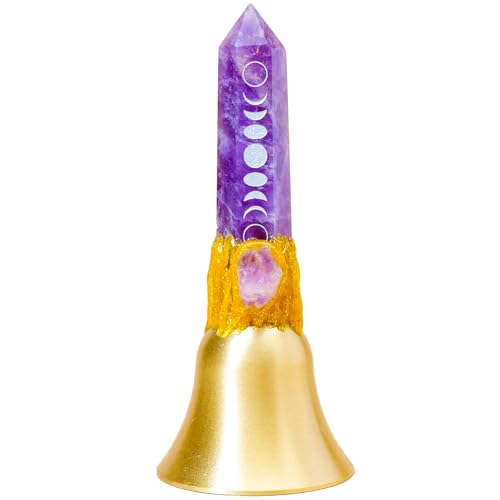 Handbells Altar Bells Natural Amethyst Tower Bell Witch's Bells Hand Bell Loud Brass Call Bells for Meditation, Prayer, Reception, Pet Feeding and Home Decoration (White-Star-Moon-Amethyst, 4.53") - color: White-star-moon-amethyst, size: 4.53"