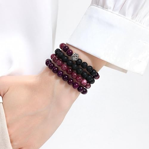 Fengling 4 PCS Beaded Crystal Bracelet for Women 8mm Natural Gemstones Handmade Bracelet for Girls Healing Stretch Bracelets Crystal Jewelry for Women Gifts - color: Jade Marrow Deep Purple & Strawberry Crystal k & Lava Rock