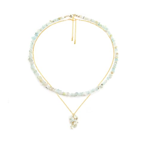2Pcs Crystal Necklace for Women Handmade Choker Necklaces Pendant Necklace Natural Stone Gemstone Beaded Necklace 18k Gold Plated Adjustable Dainty Necklace for Women - color: Amazonite