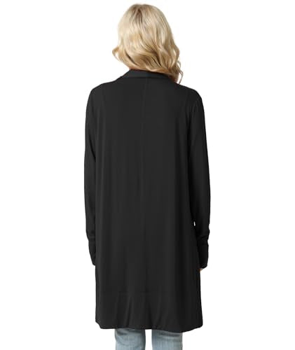 LazyCozy Women's Lightweight Long Sleeve Draped Cardigan Slouchy Open Front Cover Up Stretch Jersey Sweater - color: Black, size: Small