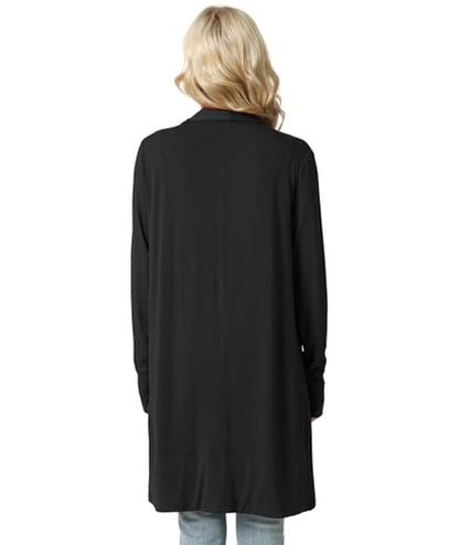 LazyCozy Women's Lightweight Long Sleeve Draped Cardigan Slouchy Open Front Cover Up Stretch Jersey Sweater - color: Black, size: Small