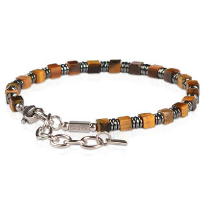 Tiger's Eye Hematite Beaded Bracelet for Men, Square Stone Adjustable Stainless Steel Chain, Handmade Stylish Jewelry Gift for Dad, Husband, Son & Friend