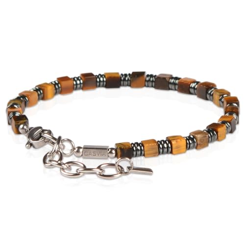 Tiger's Eye Hematite Beaded Bracelet for Men, Square Stone Adjustable Stainless Steel Chain, Handmade Stylish Jewelry Gift for Dad, Husband, Son & Friend
