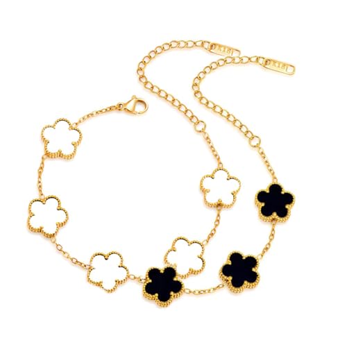 FLY FEI 18K Gold-Plated Four Leaf Clover Bracelet for Women,Adjustable lucky Bracelet Set Jewelry Gift-Hypoallergenic Charm for Birthdays, Wellness & Daily Wear - color: style03-Black+White(2pcs)