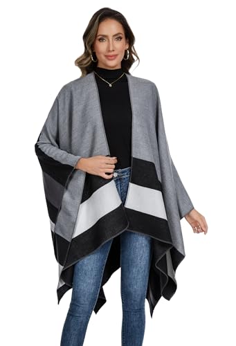Shawl Wraps for Women, Elegant Knitted Cape Open Front Poncho Scarf Blanket Cardigan Coat for Spring, Autumn, and Winter - color: Gray Black White