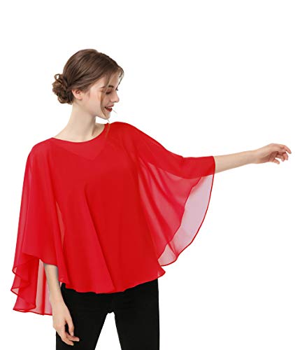 Capes for Womens Casual chiffon shawl Casual Chiffon Cape Sheer shawls and wraps Poncho Capelets Cover Up - color: Red