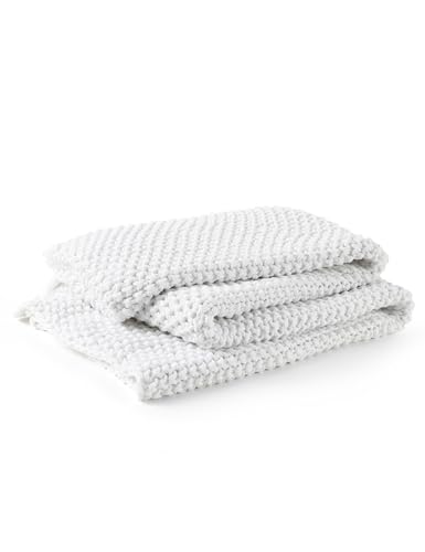 YnM Chunky Cotton Knit Throw Blanket, Cable Knit Throws for Bed Couch Sofa, Comfy & Relaxing, Decorative Piece for Farmhouse Modern Boho Rustic Scandinavian Chic Vibe, White 60x80 Inches - color: White - Medium Weight, size: Full / Queen