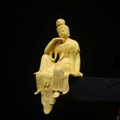 Hand-Carved Boxwood Avalokitesvara Figurine, Zen Buddhist Home Decor, Meditation Art for Living Room, Office Desk, or Altar, Natural Wood Craftsmanship