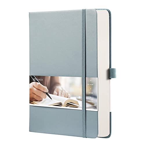 EMSHOI A5 College Ruled Notebook, 256 Numbered Pages 120GSM Ink-Proof Faux Leather Hardcover Lay-Flat Lined Journal for Work Office School Travel Writing, Small 5.75" x 8.38", GrayBlue - color: GrayBlue, size: A5-Ruled