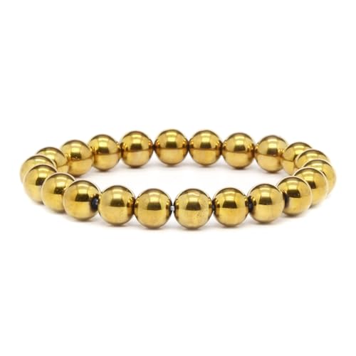 Justinstones Gem Semi Precious Gemstone 10mm Round Beads Stretch Bracelet 7 Inch Unisex - color: Metallic Golden Coated Hematite