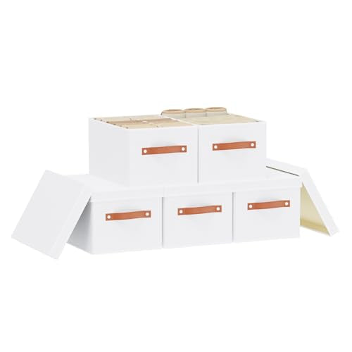 Storage Boxes with Lids, 7.1 x 9.1 x 13 Inch Storage Baskets, Closet Organizers for Shelves Organizing with Handles, White, 5-Pack - color: White, size: Small（5 Pack）