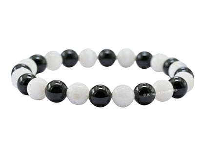Amazing Gemstone Crystal Bracelet for Women Men's Gifts - Protection Healing Crystal Bracelet - 8mm Gemstone Beaded Stretchable Bracelet Pulseras Para Hombres Mujer Stocking Stuffers Mothers Day Gift (Black Tourmaline Selenite) - color: Black Tourmaline S