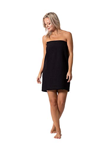 Turkish Linen Women’s Waffle Spa Body Wrap with Adjustable Closure - color: Black, size: One Size