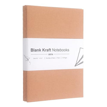 4 Pack Blank Kraft Notebooks, Blank Paper Sketchbooks for Drawing Doodling Writing,Travel Journal Set, A5, 36 Pages, 8.3” X 5.5”