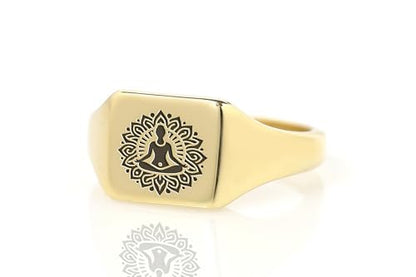 Mindfulness Signet Ring - Yoga Engraved Square Shaped Chakra Jewelry - Meditation Gift for Her