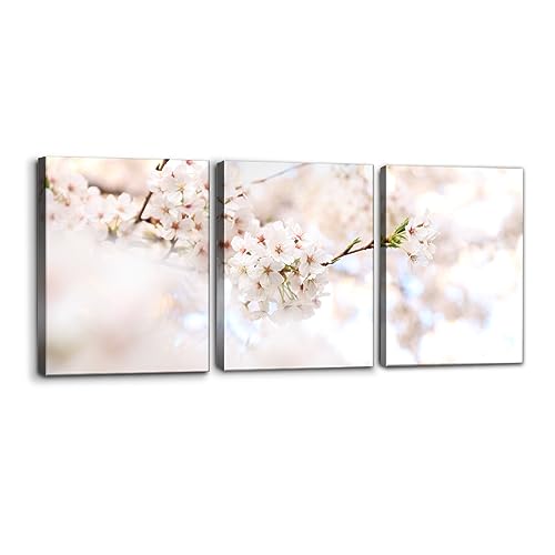 Pacimo Floral Wall Art Set of 3 - White & Pink Blooming Cherry Blossoms Nature Wilderness - Perfect for Modern Home Decor - Ideal Wall Decor for Living Room Bedroom Bathroom and Office (12"x16"x3) - color: Wallart-09, size: 12" x 16" x 3 panels