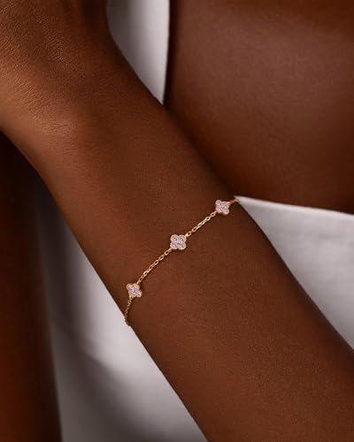 Birthstone Gold Clover Bracelet Dainty 14K Gold Plated Cute Friendship Stackable Bracelets for Women No Tarnish Trendy Charm Best Friend Bracelet Stack for Birthday Jewelry - color: 06. June(Alexandrite)