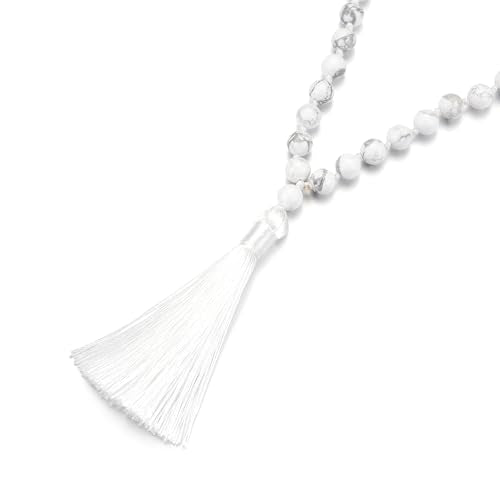 8MM Beads Chakra Long Mala Necklace Natural Stone Meditation Statement Necklace Japa Yoga Buddhist Rosary Prayer Charm Beaded Tassel Necklace - color: White Turquoise