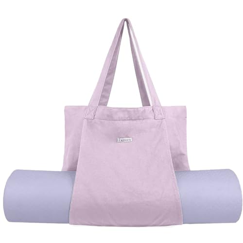 Yoga Mat Bag for Women, 100% Cotton Canvas Tote with Wet/Dry Pocket, Bottle Holder and Inner Zipper Pocket, 25L Carrier for Pilates and Travel - color: Lilac