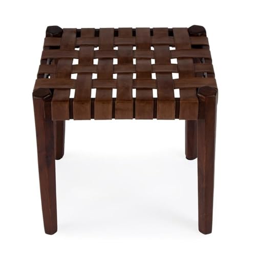 BOWERY HILL Farmhouse Wooden Leather Woven Stool, 18"x13.5"x18", Acacia Wood Frame and Genuine Leather, Brown Finish, Rectangular Design, Durable Seating for Living Room or Bedroom Use