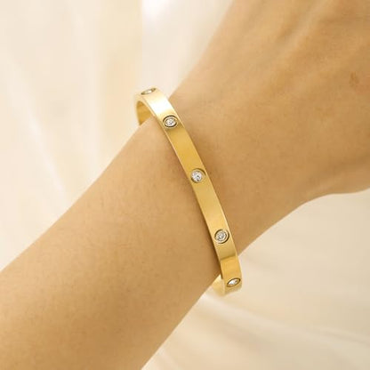 Gold Bangle for Women - 18K Gold Plated Stainless Steel Love Friendship Crystal Bracelets with Cubic Zirconia - color: 5CZ Cuff Bangle - GOLD