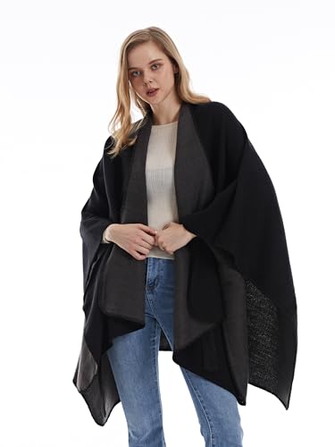 MissShorthair Women's Printed Shawl Wrap Fashionable Open Front Poncho Cape, Gift for Women - color: B-gray Black