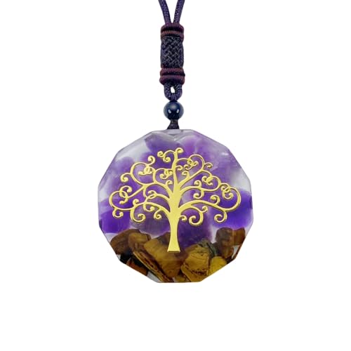EDEN'S CALL Orgone Necklace, Tree of Life Orgonite Healing Crystal Stone Pendant Necklace for Spiritual Healing and Meditation Energy Talisman Sacred Geometry Tiger's Eye Necklaces - color: Purple/Amethyst + Tiger's Eye