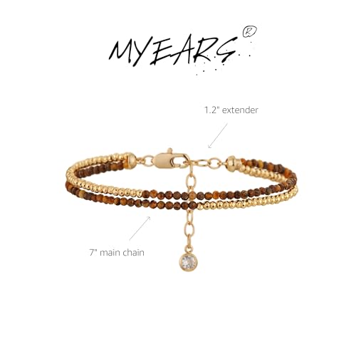 Women Beaded Bracelet Gold Double Layer Gemstone 14K Simple Dainty Handmade Chain Everyday Boho Beach Jewelry - style: Tiger's Eye