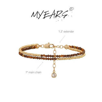 Women Beaded Bracelet Gold Double Layer Gemstone 14K Simple Dainty Handmade Chain Everyday Boho Beach Jewelry - style: Tiger's Eye