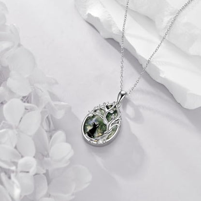 Moss Agate Tree of Life Black Cat Necklace for Women Family Tree Pendant Jewelry Birthday Gifts