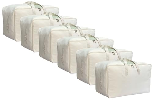 Soft Large Canvas Comforter Storage Bags with Four Carrying Handles and Clear Window, Closet Organizer for Clothing, Blankets Sheets Pillows and Bedding, 80L, 6 Pack, Beige - color: Beige, size: 80L - 6 Pack