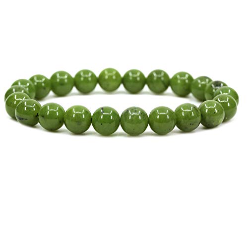 Keleny Gem Semi Precious Gemstones 8mm Round Beads Crystal Stretch Bracelets 7 Inch Unisex - color: Green A Grade Canadian Nephrite Jade