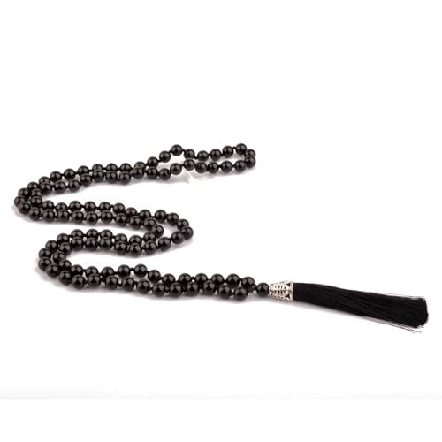 KIKILA Mala Beads 108 Natural Stone GemStones Japamala Yoga Meditation Hand Knotted Beaded Tassel Necklace for Women Men - style: Black Agate