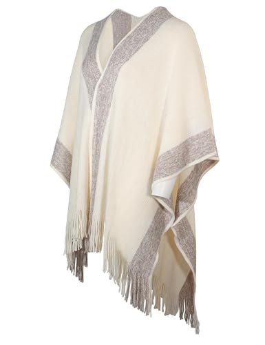 ZLYC Women's Shawl Golden Trim Knit Blanket Wrap Fringe Poncho Coat Cardigan - color: Plain Cream White