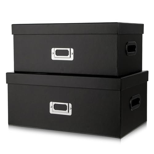 Briful Decorative Storage Boxes with Lids Set of 2 – 14'' + 13'' Set Rectangular Nesting Boxes – Cardboard Organizer with Lift-Top Lid – Black Wood for Home & Office - color: 2pcs Black, size: Rectangular Set2
