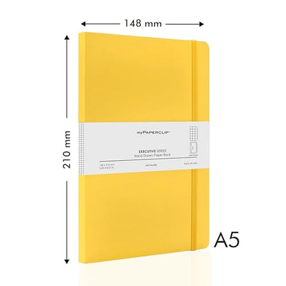 myPAPERCLIP Executive Series A5 Checks/Square Grid Notebook | 192 Pages, 80 GSM, Soft Cover, A5 (5.83 x 8.27 in) | Flat Lay | Bookmark, Elastic Closure & Back Pocket | Yellow - color: Yellow, size: A5, Checks
