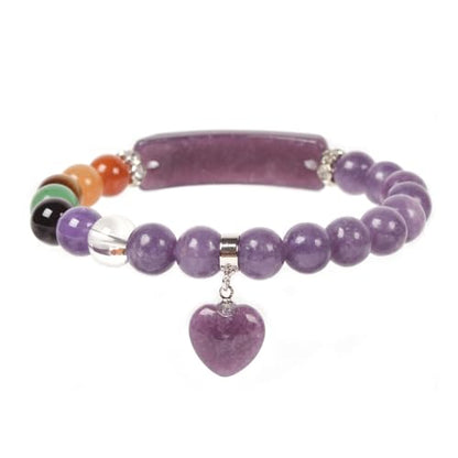 Justinstones Gem Semi Precious Gemstone Love Heart Charm Stretch Beaded Bracelet Unisex - color: Lepidolite Lithium Mica(7 Chakra)